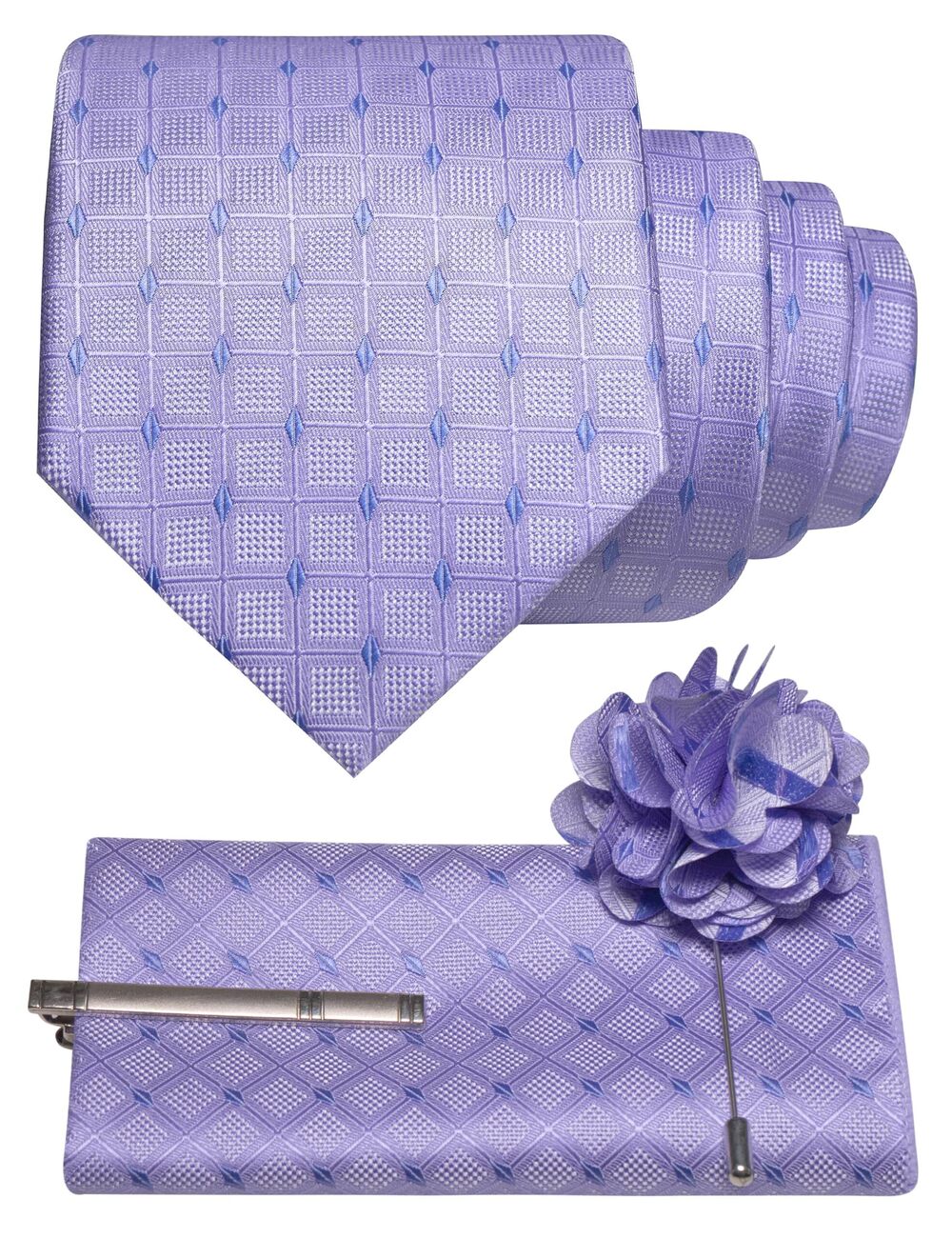 4428 Plaid Checkered Lavender Ties Necktie and Pocket Square with Tie Clip